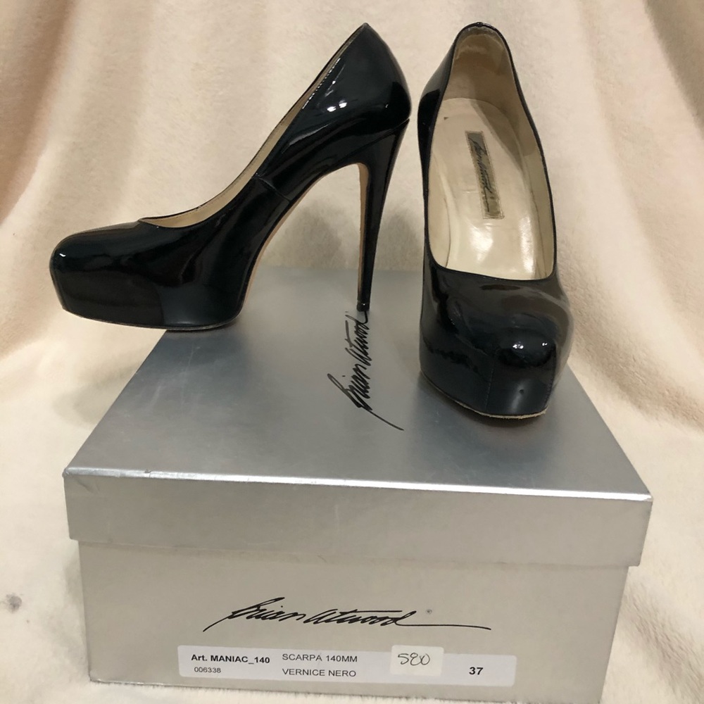 Brian Atwood Maniac black leather pumps.  Sz 37.